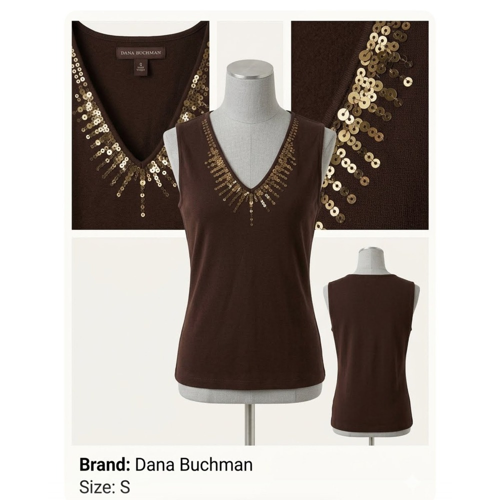 Dana Buchman Brown Sequin V-Neck Sleeveless Knit Top Small